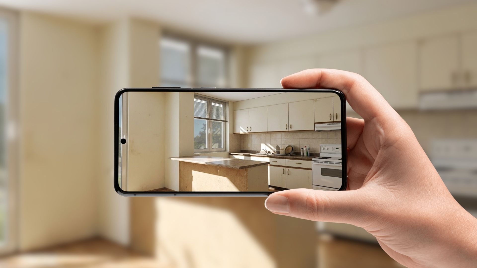 Nahaufnahme einer Hand mit Smartphone, dessen Display das Vorher-Bild einer leeren, renovierungsbedürftigen Küche mit älteren Einbauschränken zeigt. Ein ideales Symbolbild für die Bestandsaufnahme vor einem Umbau oder für virtuelles Home Staging.